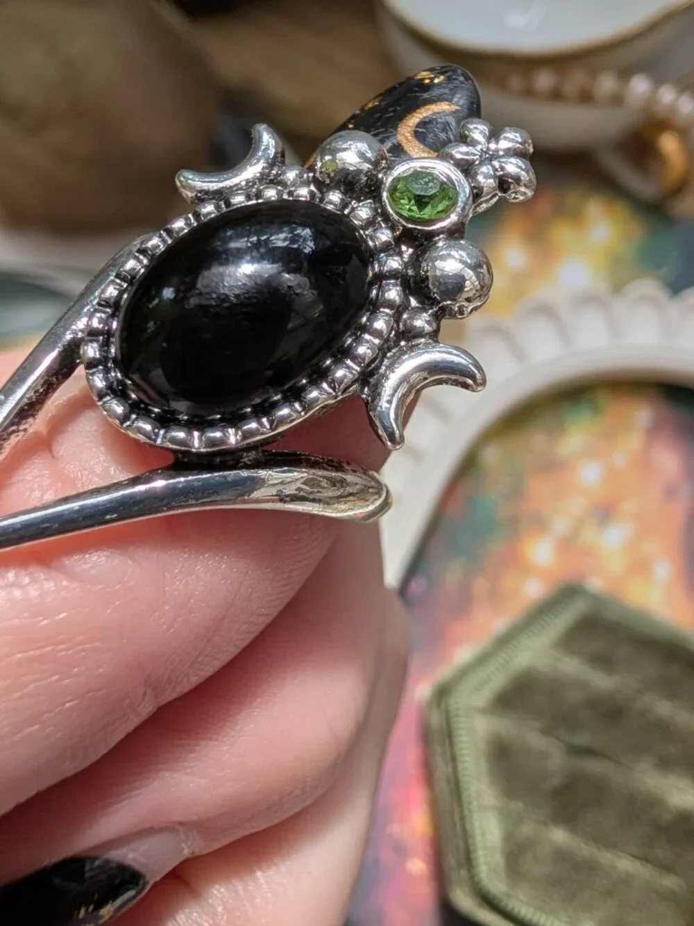 Retro Celestial Silver Tone Ring w/ Faux Onyx, Rhinestone & Moon Details, Size 7